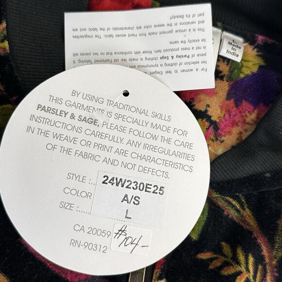 parsley & sage full zip quail bird boho art to wear Velour jacket Size L - Picture 8 of 8